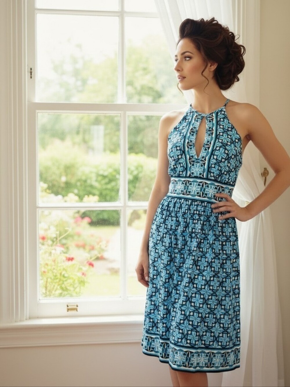 London Times Cool Blue Geometric Keyhole Knee-Length Halter Dress Size 10
